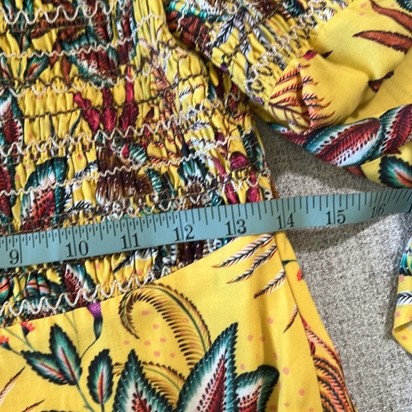 FARM RIO + ANTHROPOLOGIE SMOCKED MINI DRESS IN YELLOW TROPICAL SIZE XS - Picture 13 of 15